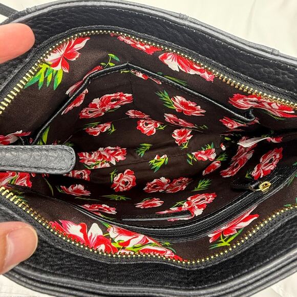 Vera Bradley Black Leather Crossbody Bag Patchwork Pebbled Suede Floral Lining - Picture 4 of 12